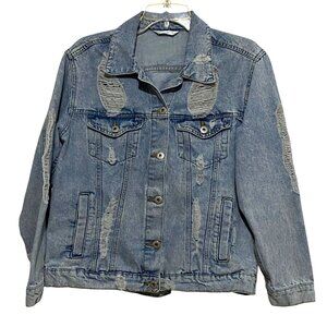 Highway Jeans Distressed Denim Jacket Womens M Trucker Y2K Grunge Boho Festival
